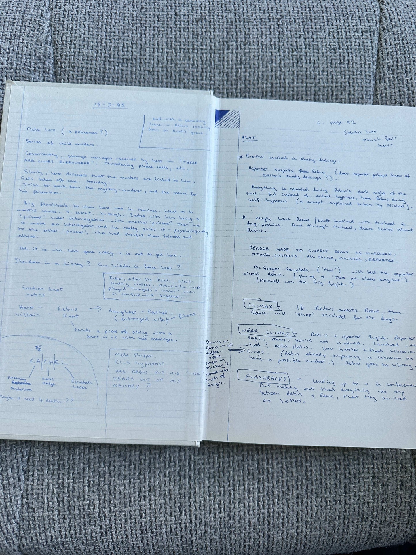 Handwritten notes and sketches in a notebook featuring Knots and Crosses collectors edition for sale