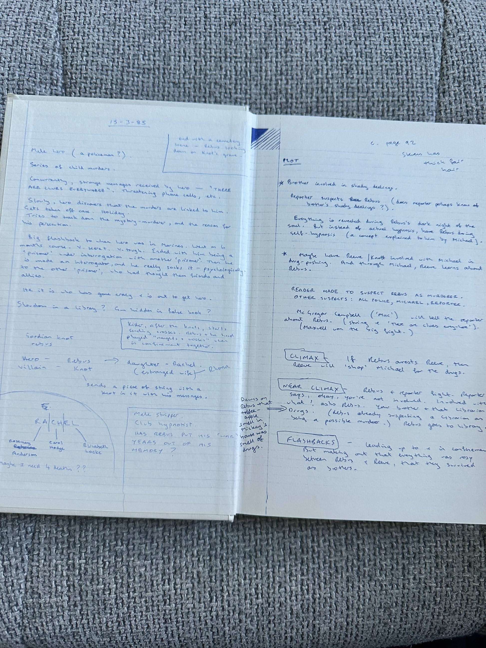 Handwritten notes and sketches in a notebook featuring Knots and Crosses collectors edition for sale