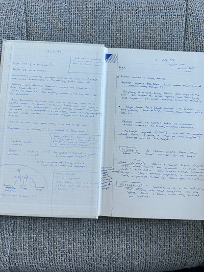 Handwritten notes and sketches in a notebook featuring Knots and Crosses collectors edition for sale