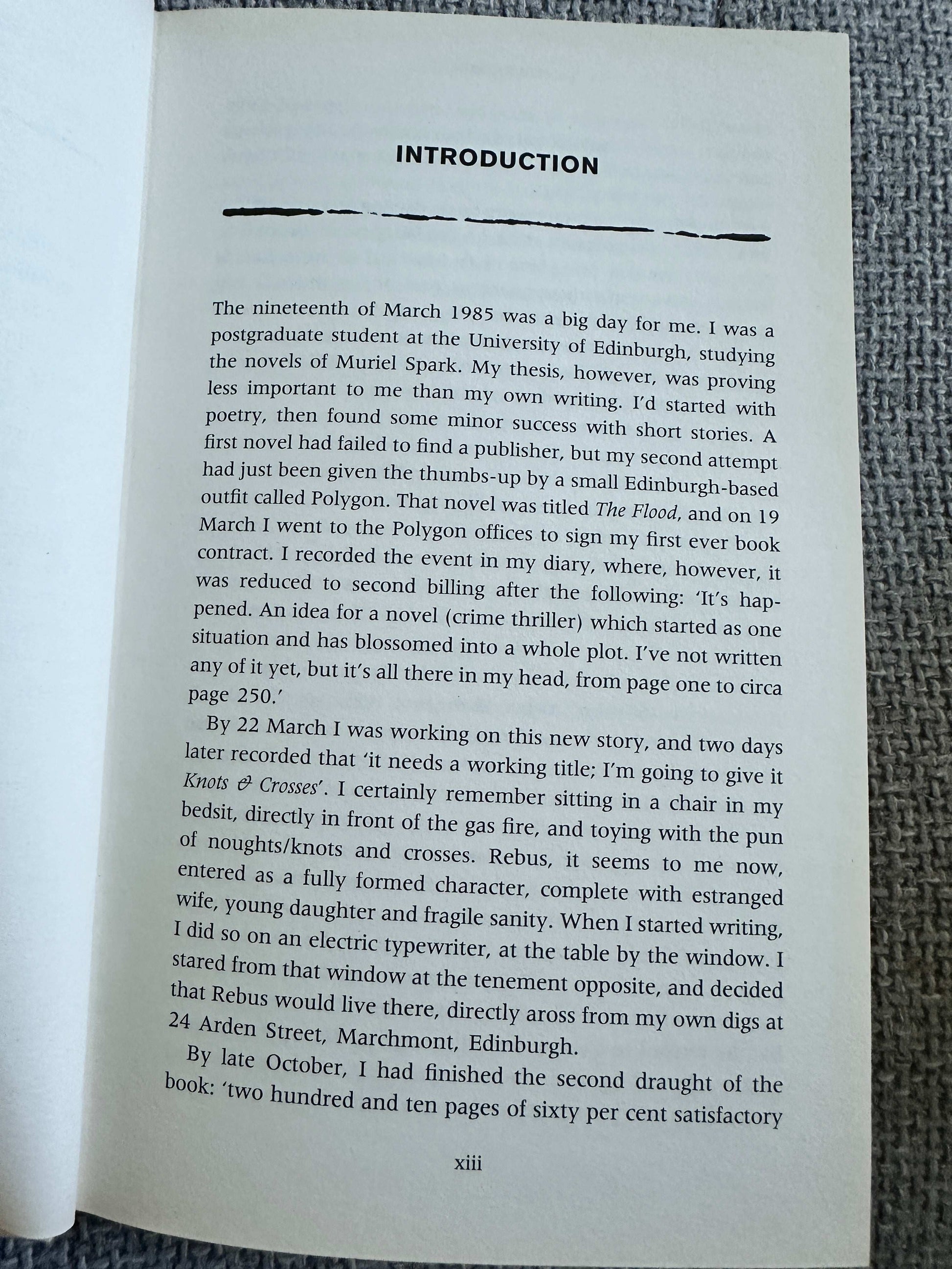 Introduction page of Knots and Crosses collectors edition for sale featuring text about the author's background