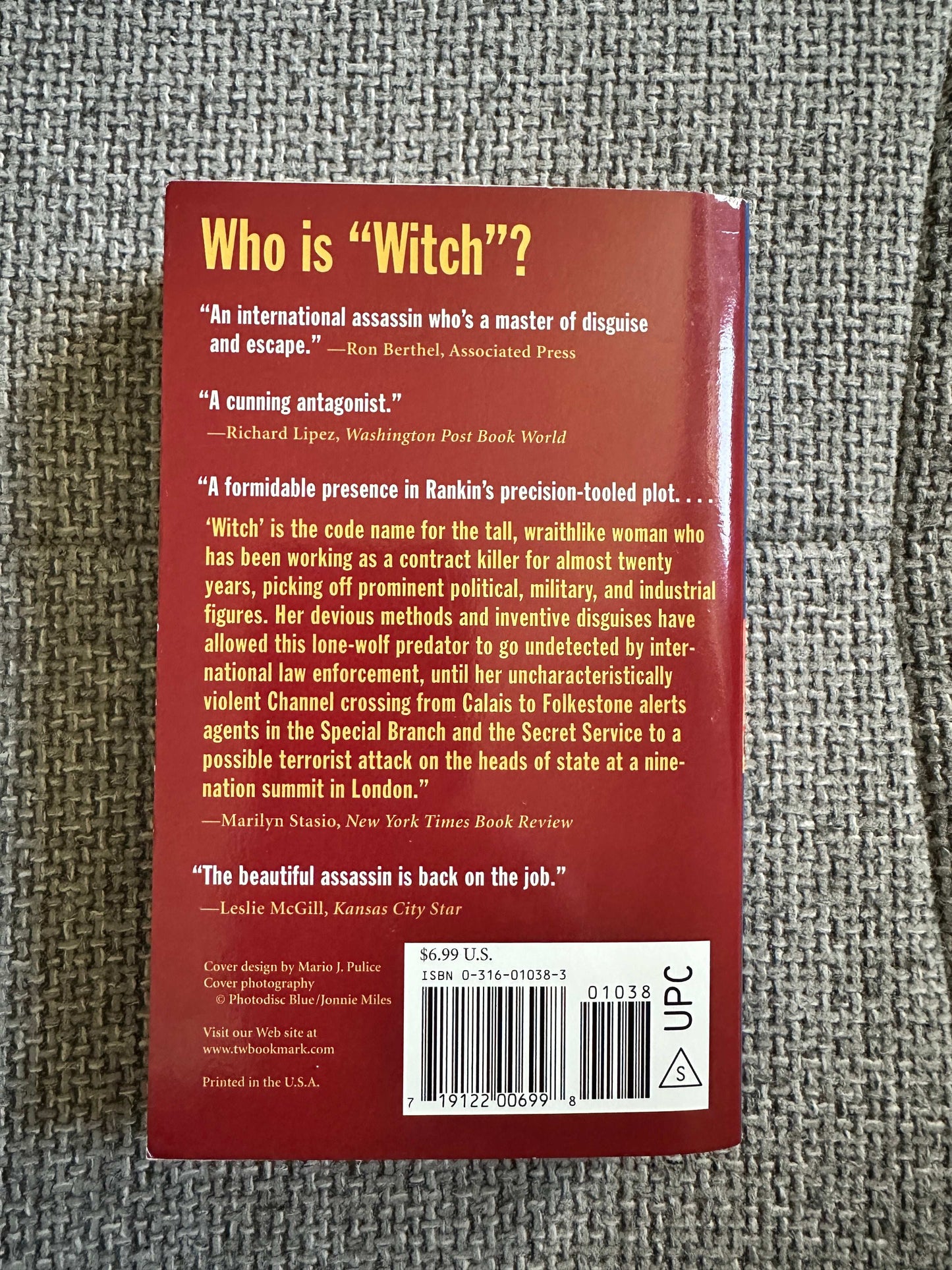 Back cover of signed first edition Witch Hunt Ian Rankin with book description and reviews