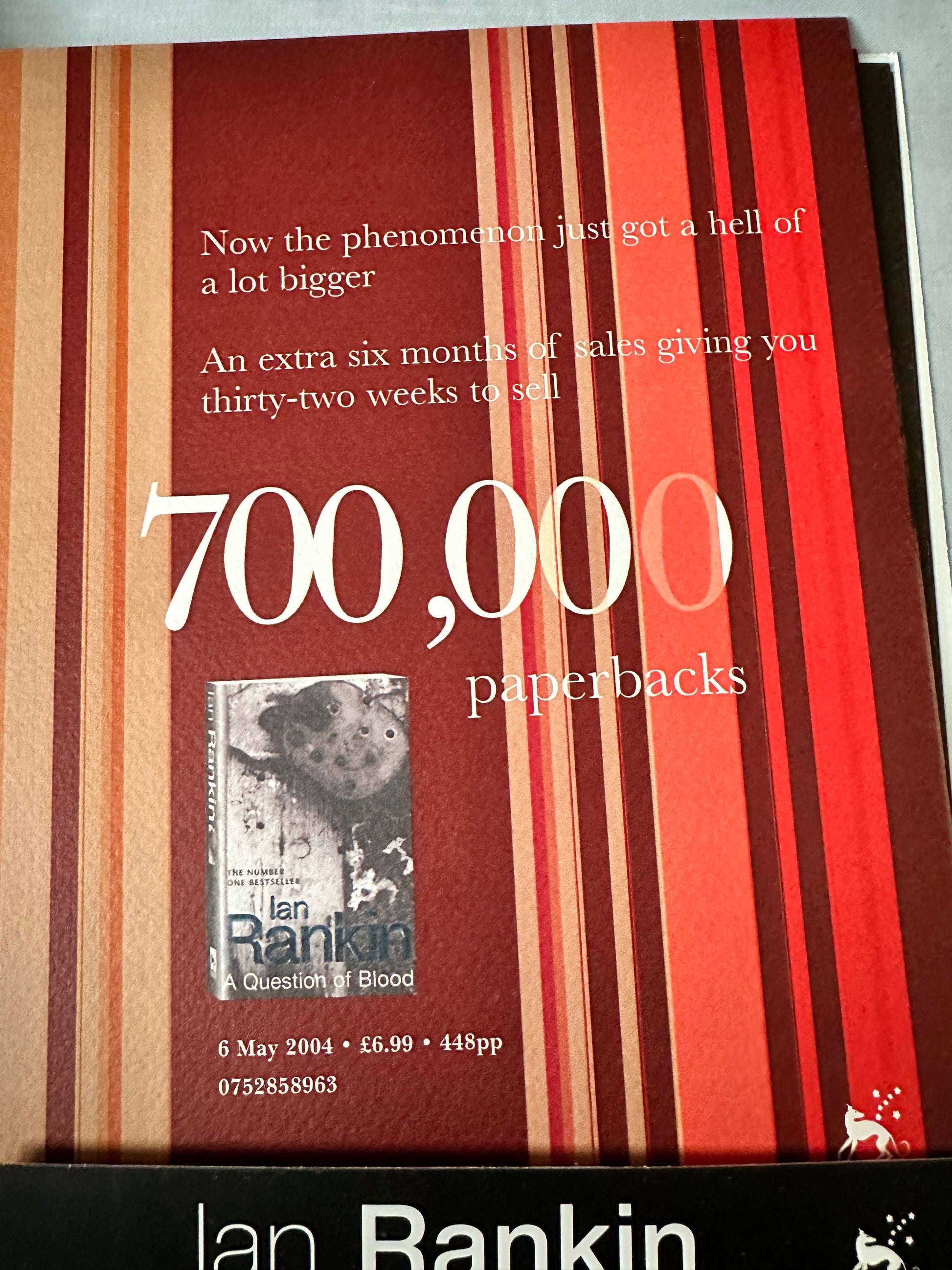 Ian Rankin signed press pack featuring promotional material for A Question of Blood with sales stats