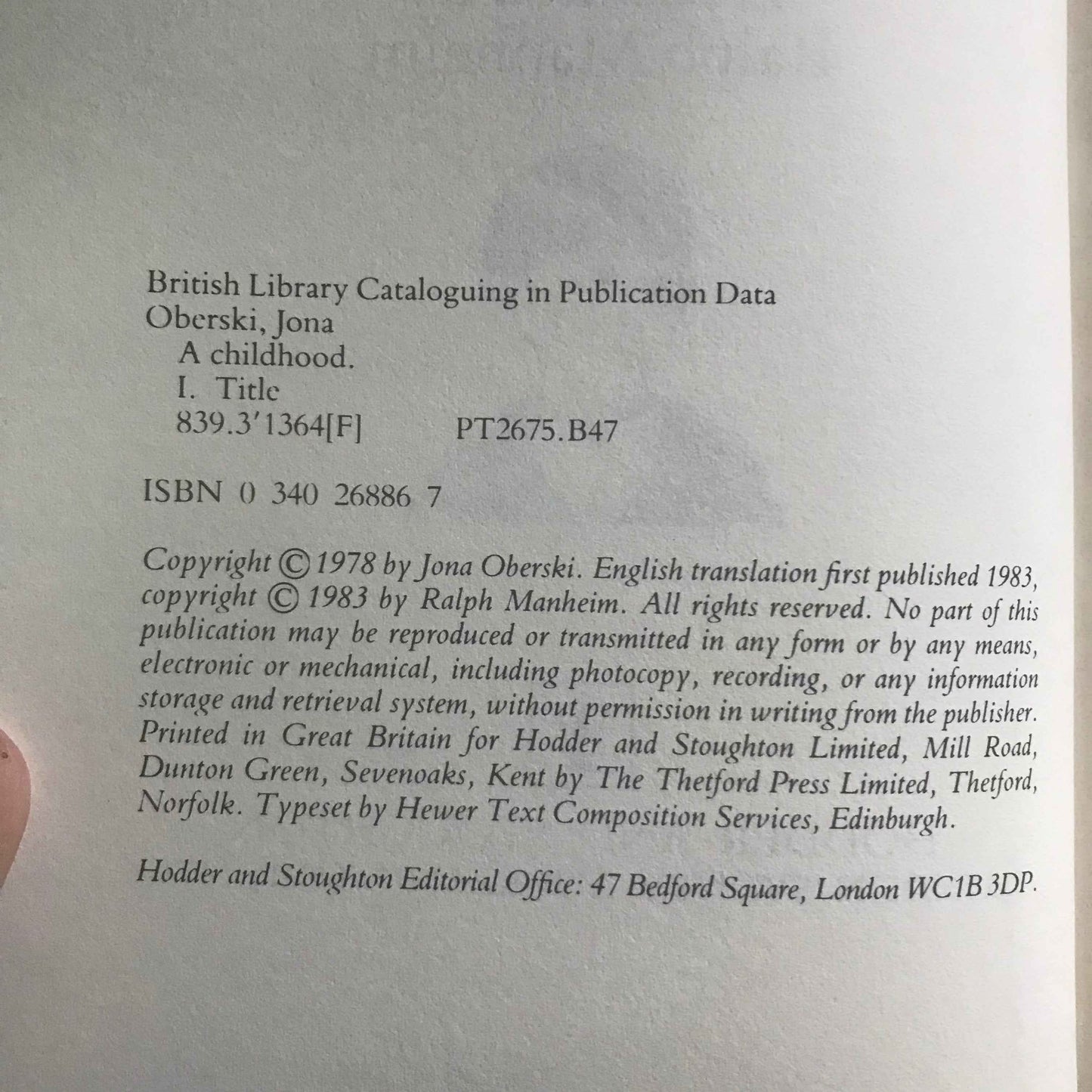 1983 Jona Oberski A Childhood - Hodder and Stoughton Edition - Honeyburn Books (UK)