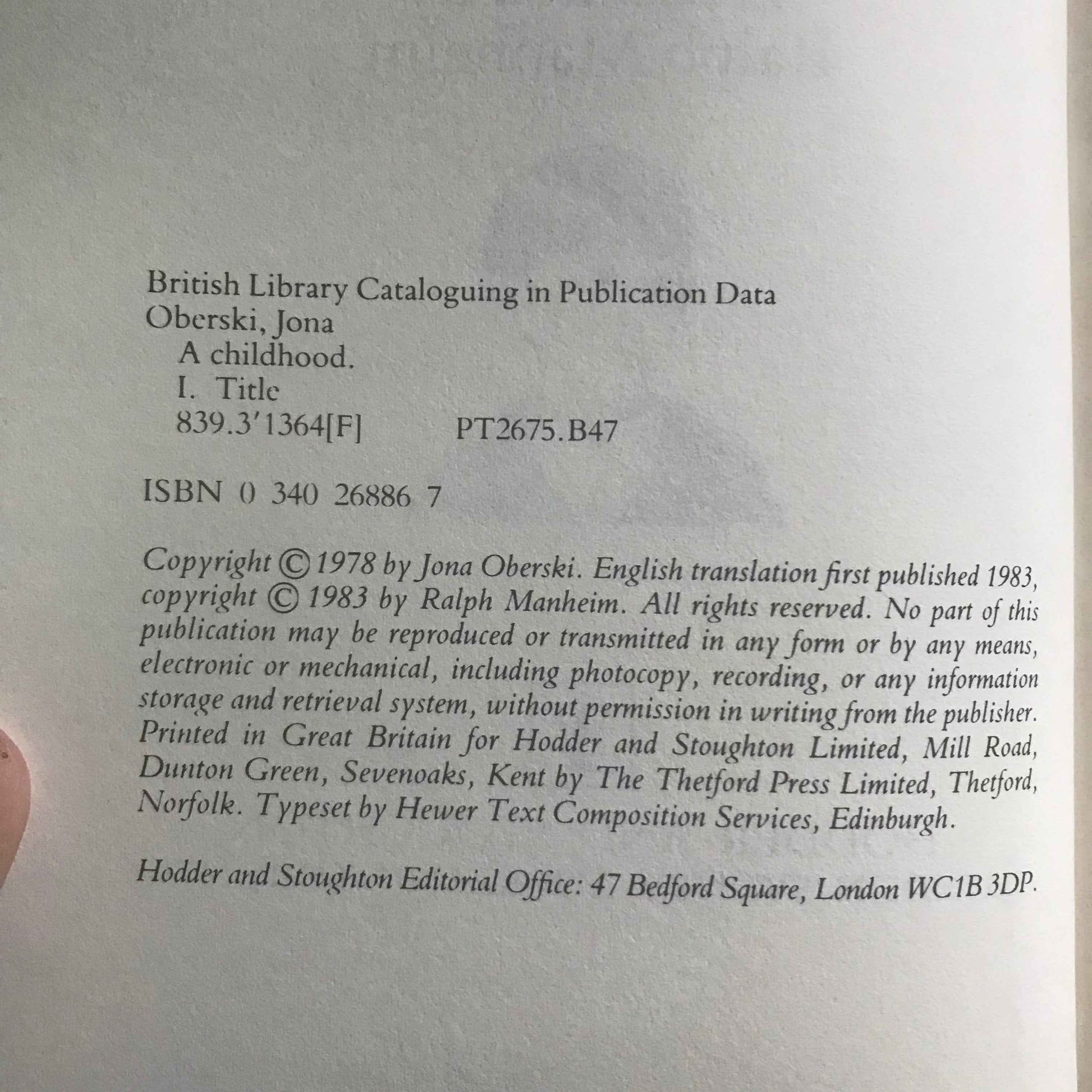 1983 Jona Oberski A Childhood - Hodder and Stoughton Edition - Honeyburn Books (UK)