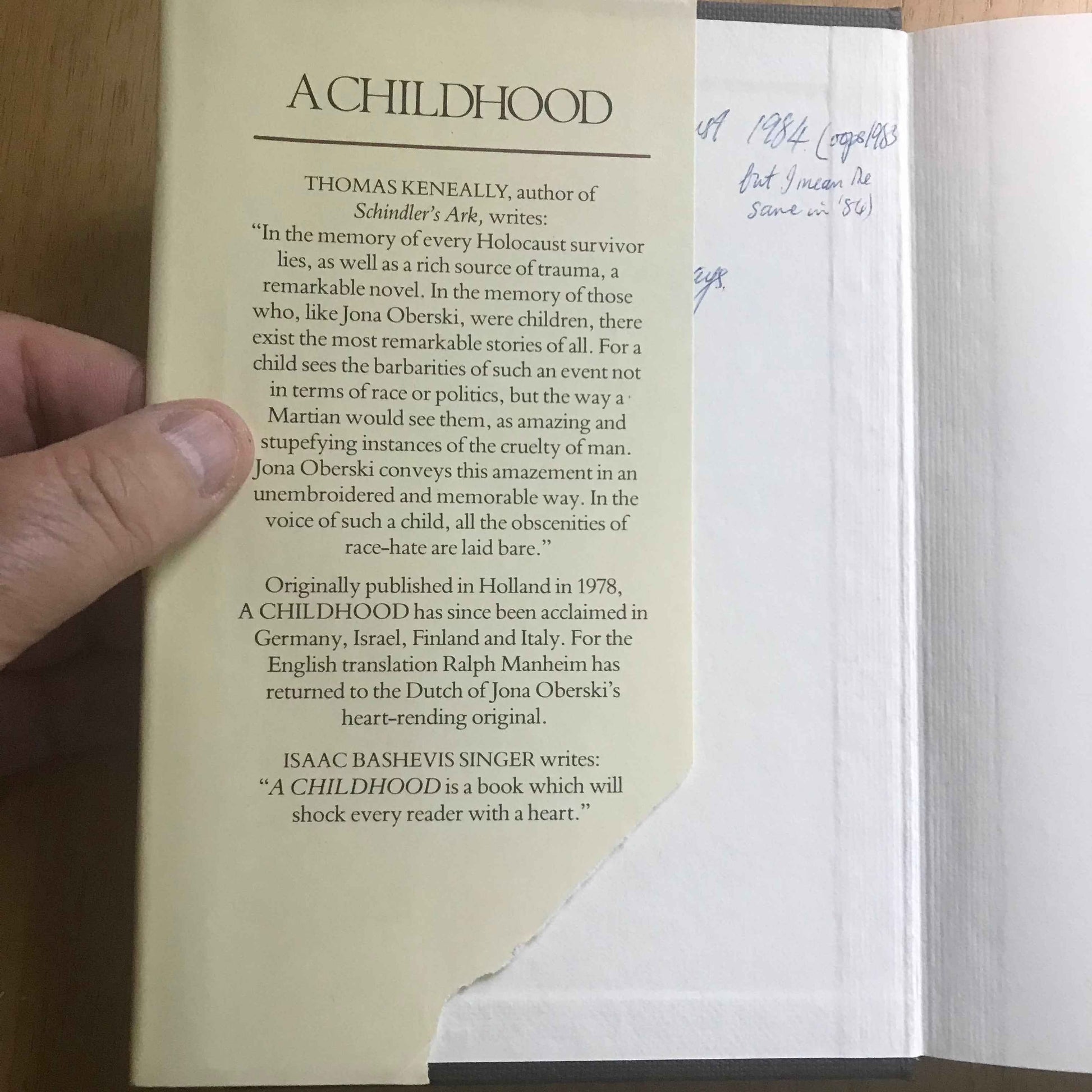 1983 Jona Oberski A Childhood - Hodder and Stoughton Edition - Honeyburn Books (UK)