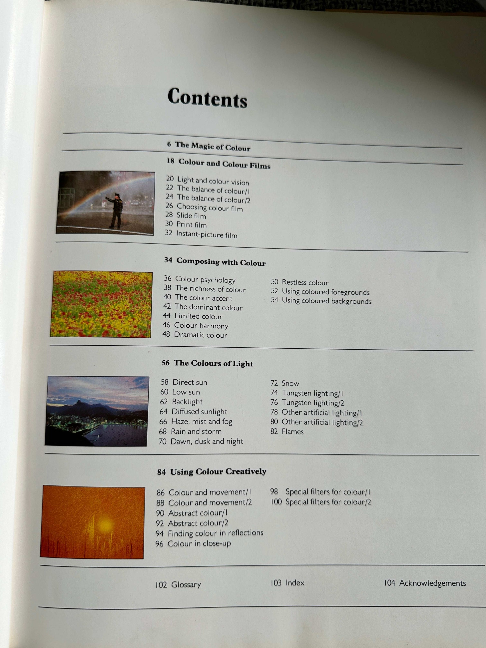 Contents page of the Kodak creative photography book detailing chapters on color and composition