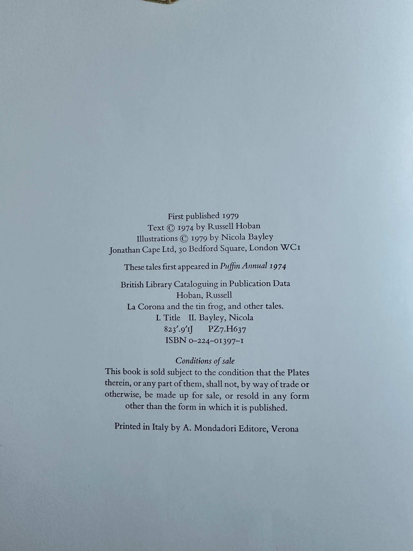 La Corona and The Tin Frog first edition book page with publication details and author information