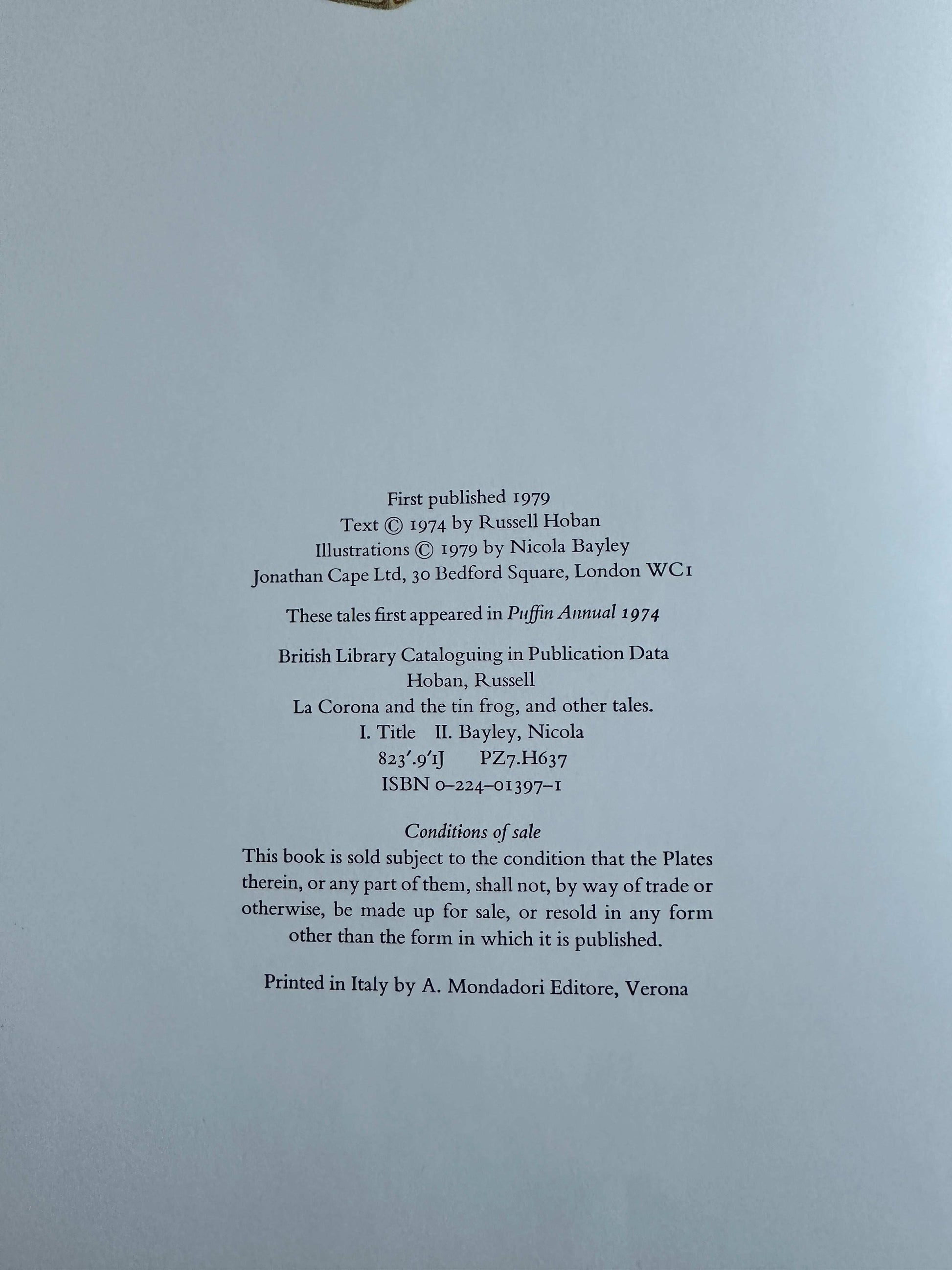 La Corona and The Tin Frog first edition book page with publication details and author information