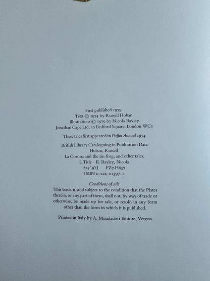 La Corona and The Tin Frog first edition book page with publication details and author information