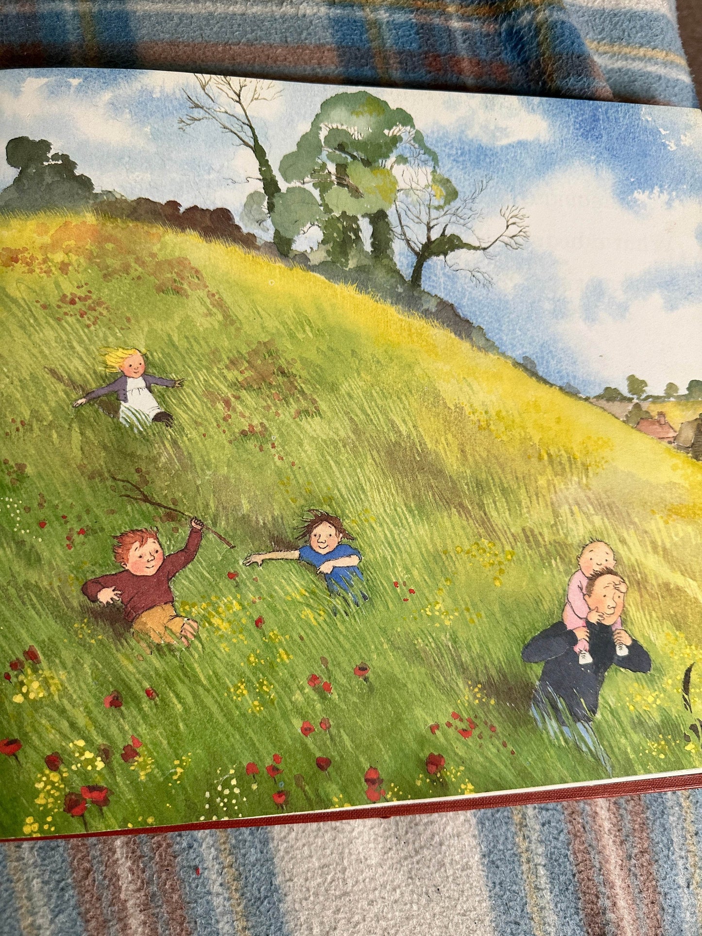 Illustration from Michael Rosen Helen Oxenbury rare book featuring children playing in a meadow