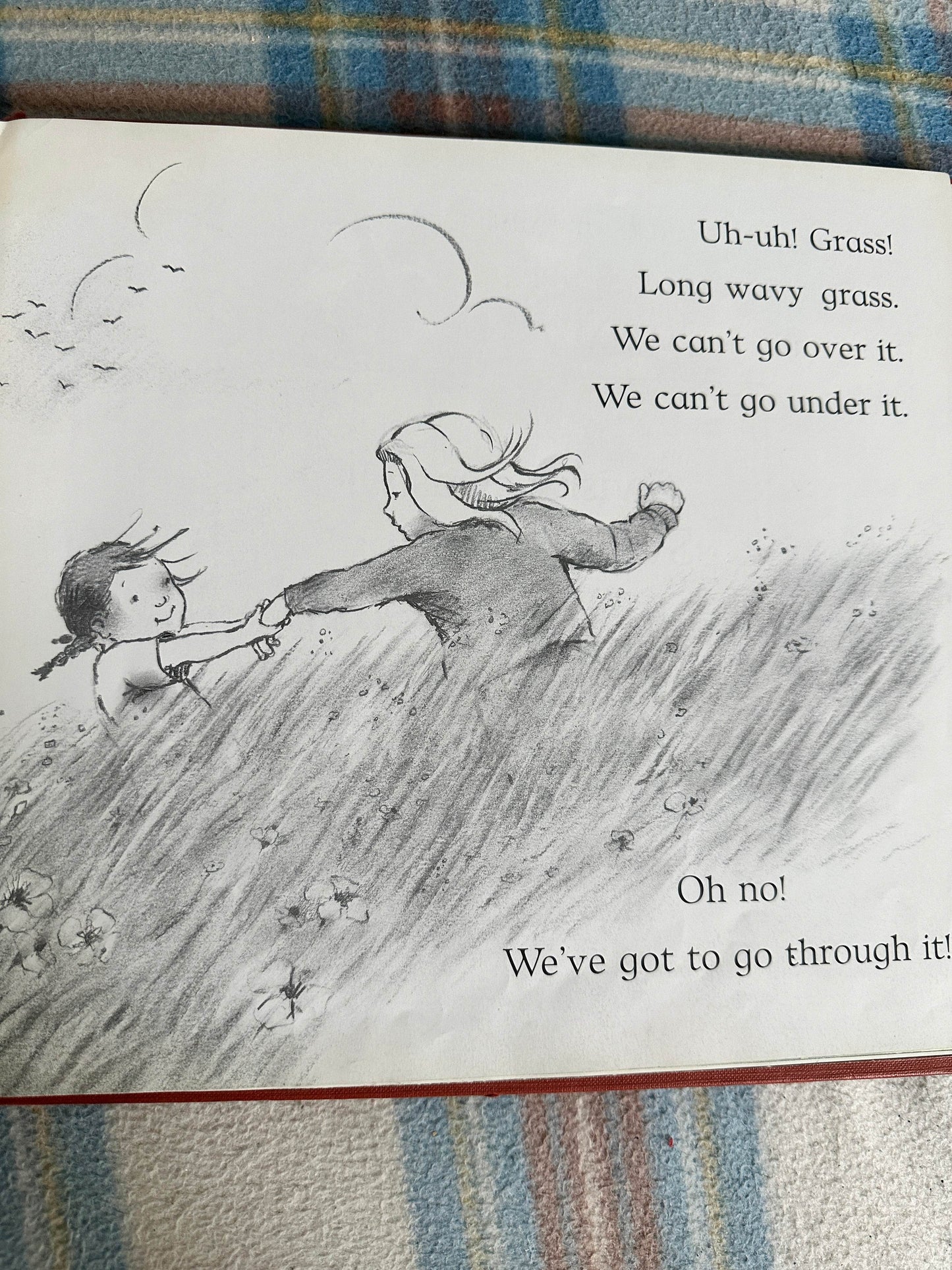 Illustration from Michael Rosen Helen Oxenbury rare book featuring children running through tall grass
