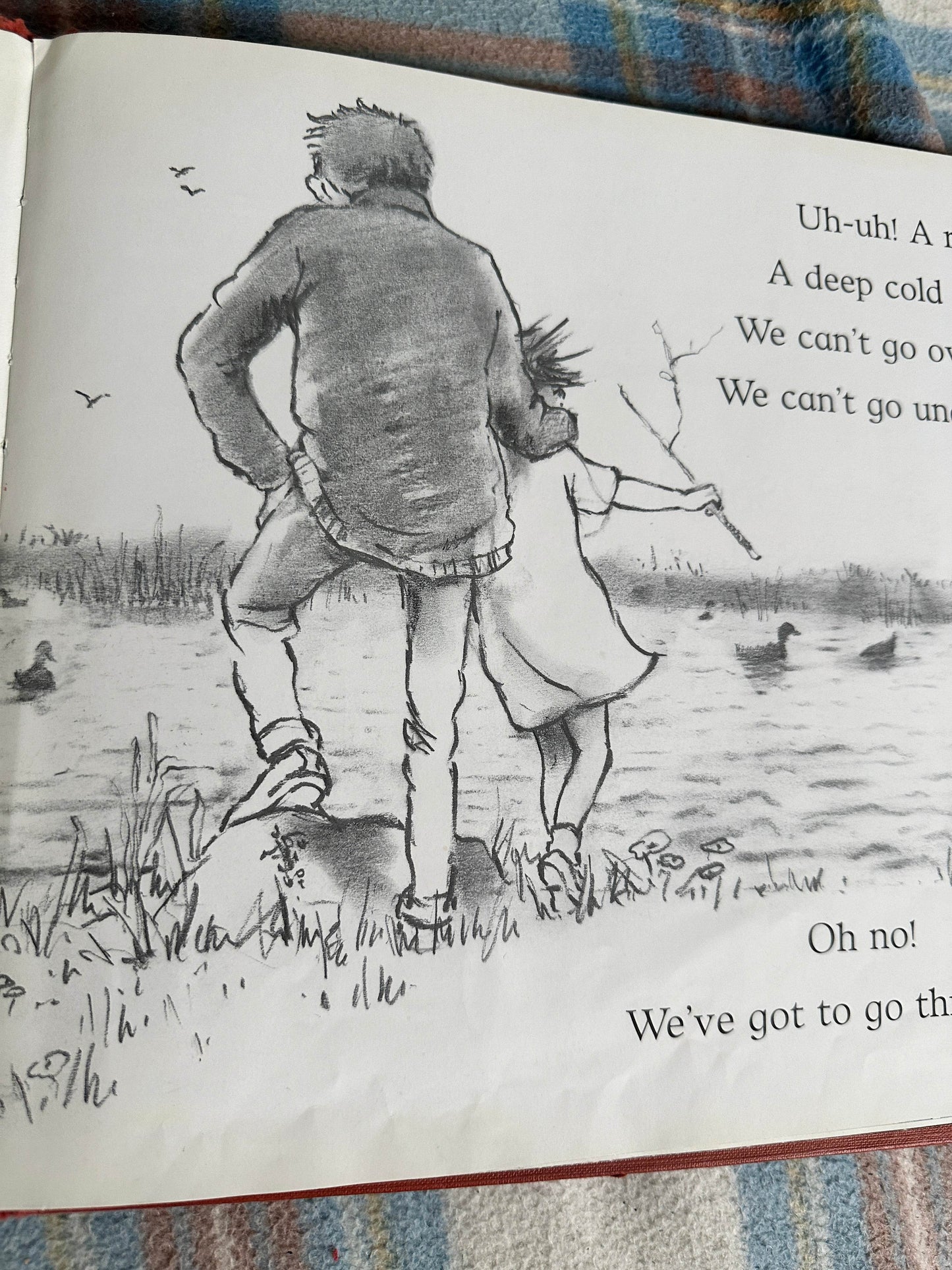 Illustration from Michael Rosen Helen Oxenbury rare book featuring a child and adult by a riverbank