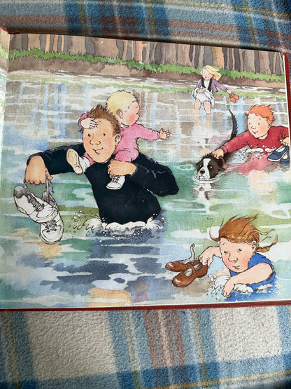 Illustration from Michael Rosen Helen Oxenbury rare book featuring children playing in water with a dog
