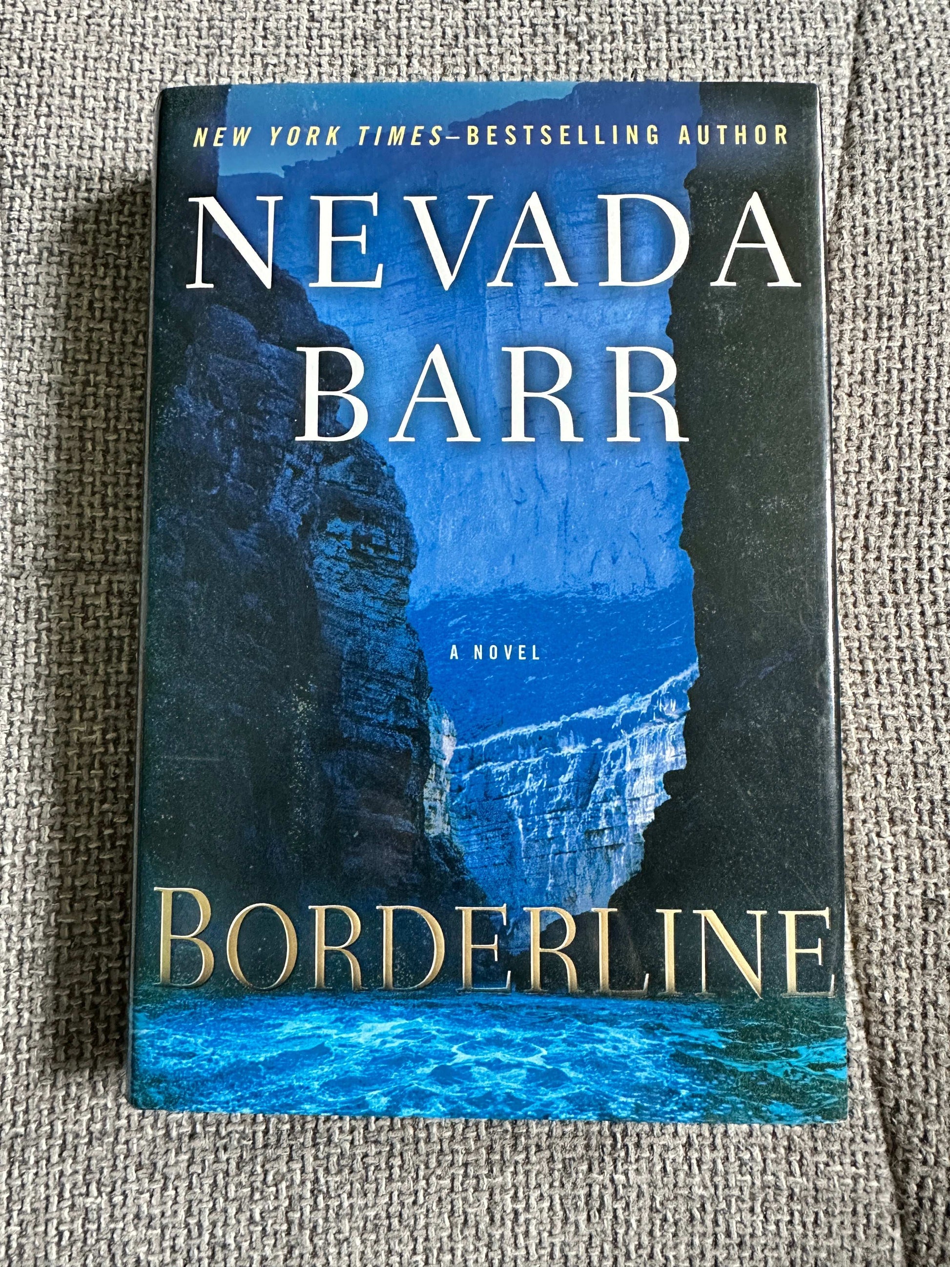 Nevada Barr Borderline first edition novel featuring a striking blue cover design