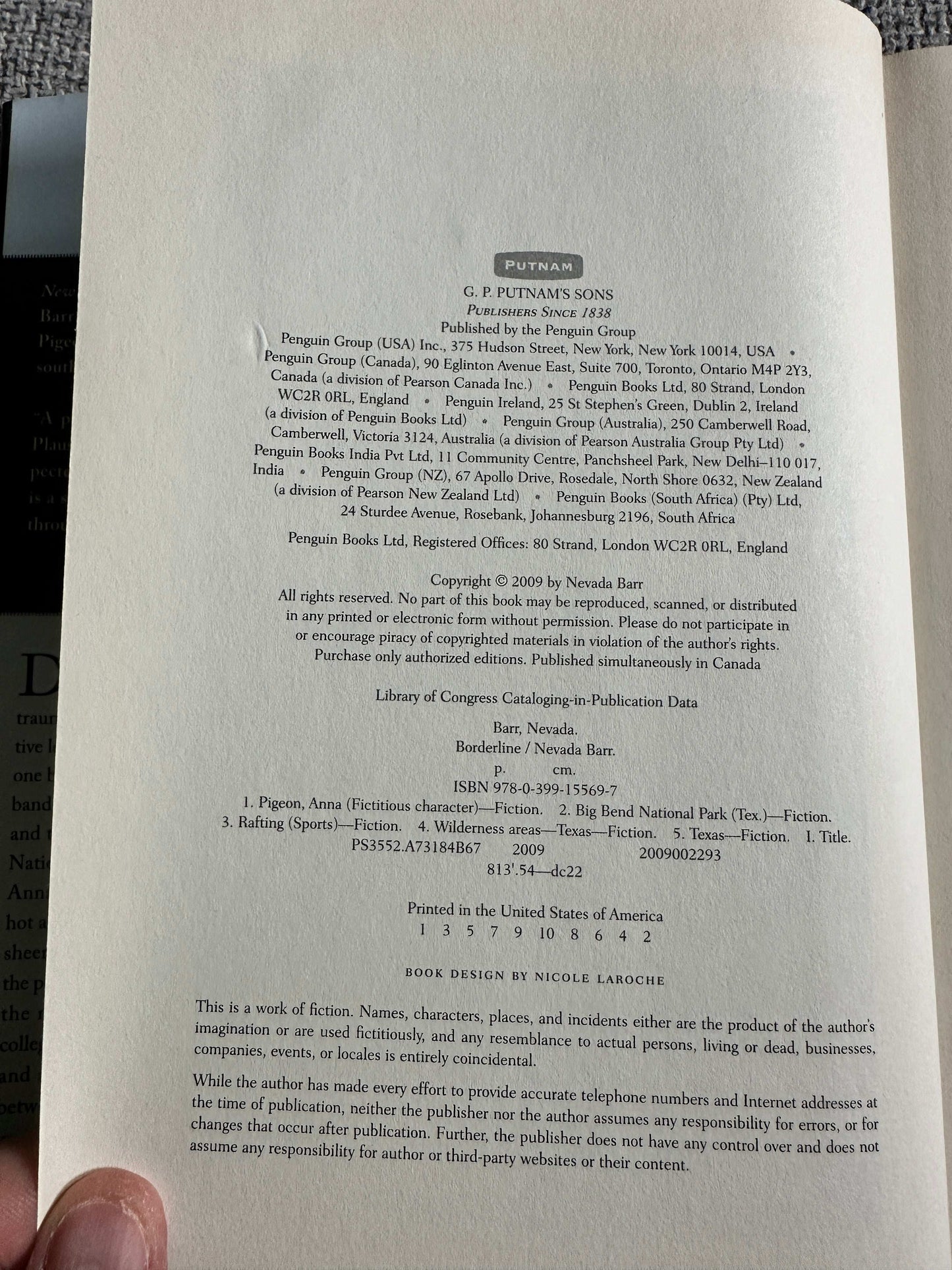 Nevada Barr Borderline first edition copyright page with publication details and design information