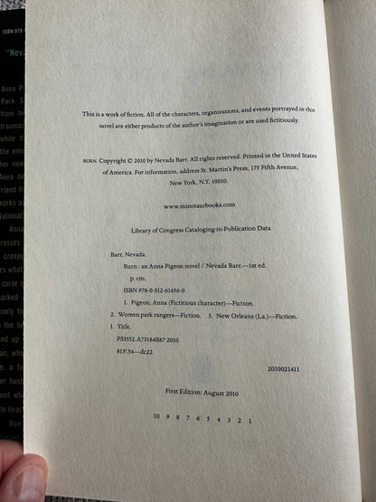 Nevada Barr Burn first edition book interior page with copyright information and publication details