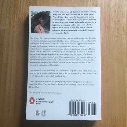 Back cover photo of Letters from Burma Aung San Suu Kyi book showing author portrait barcode and summary