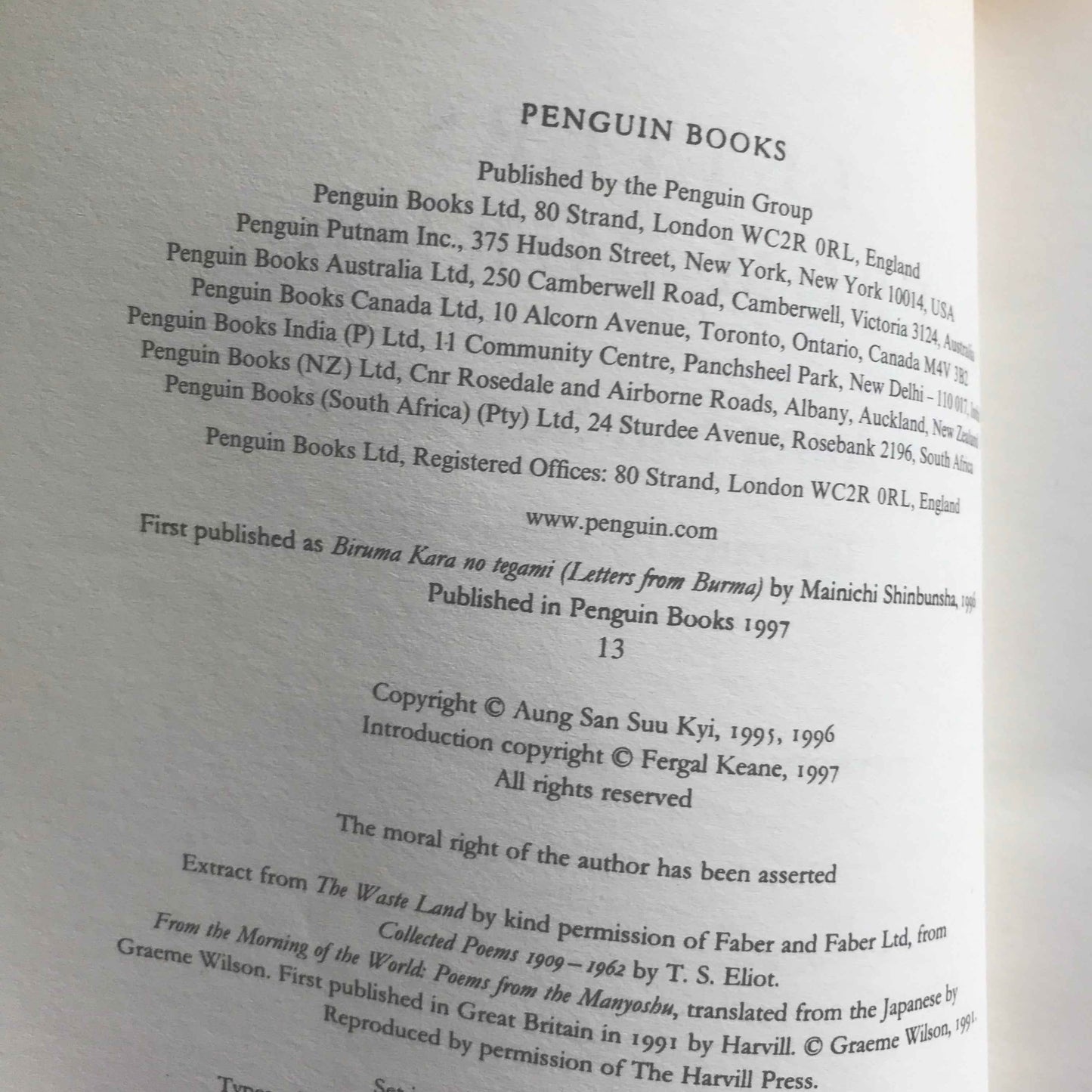 Open book copyright page showing Penguin Books publisher info and copyright for Letters from Burma Aung San Suu Kyi book