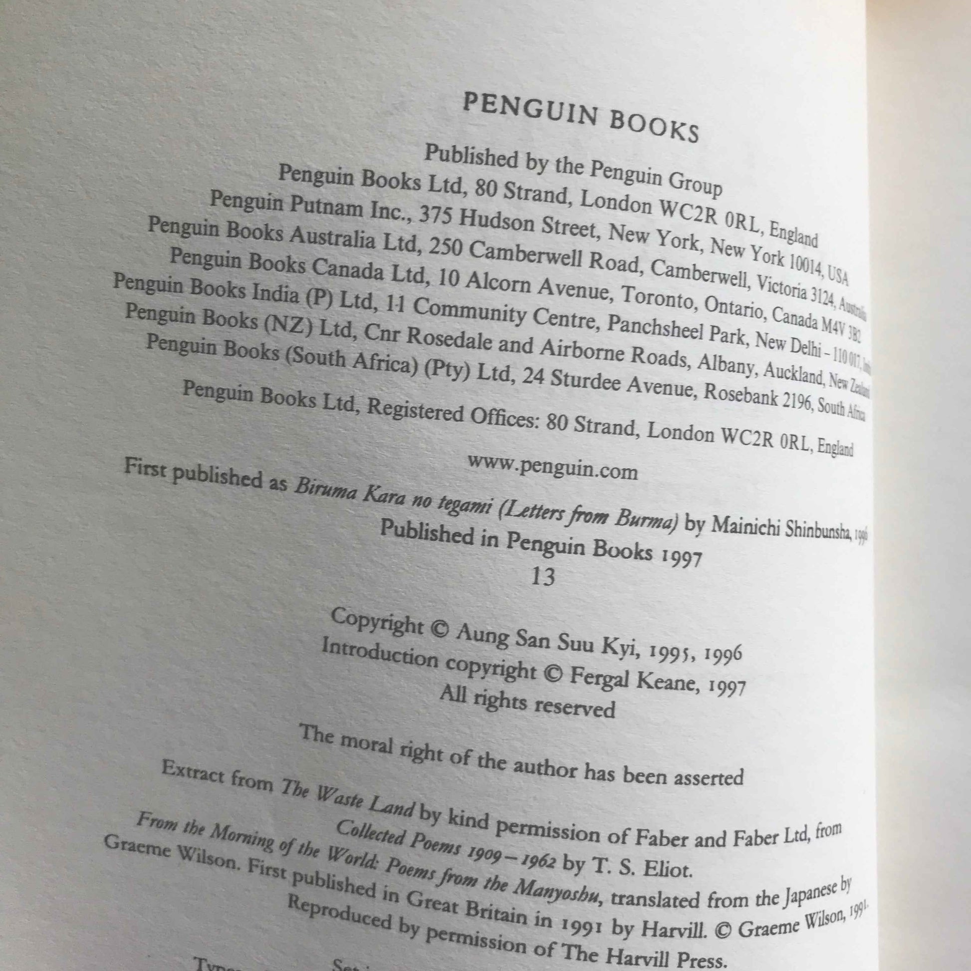 Open book copyright page showing Penguin Books publisher info and copyright for Letters from Burma Aung San Suu Kyi book