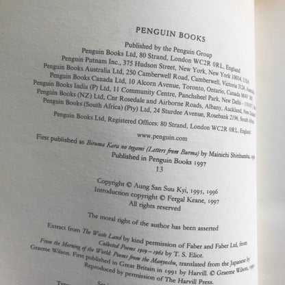 Open book copyright page showing Penguin Books publisher info and copyright for Letters from Burma Aung San Suu Kyi book
