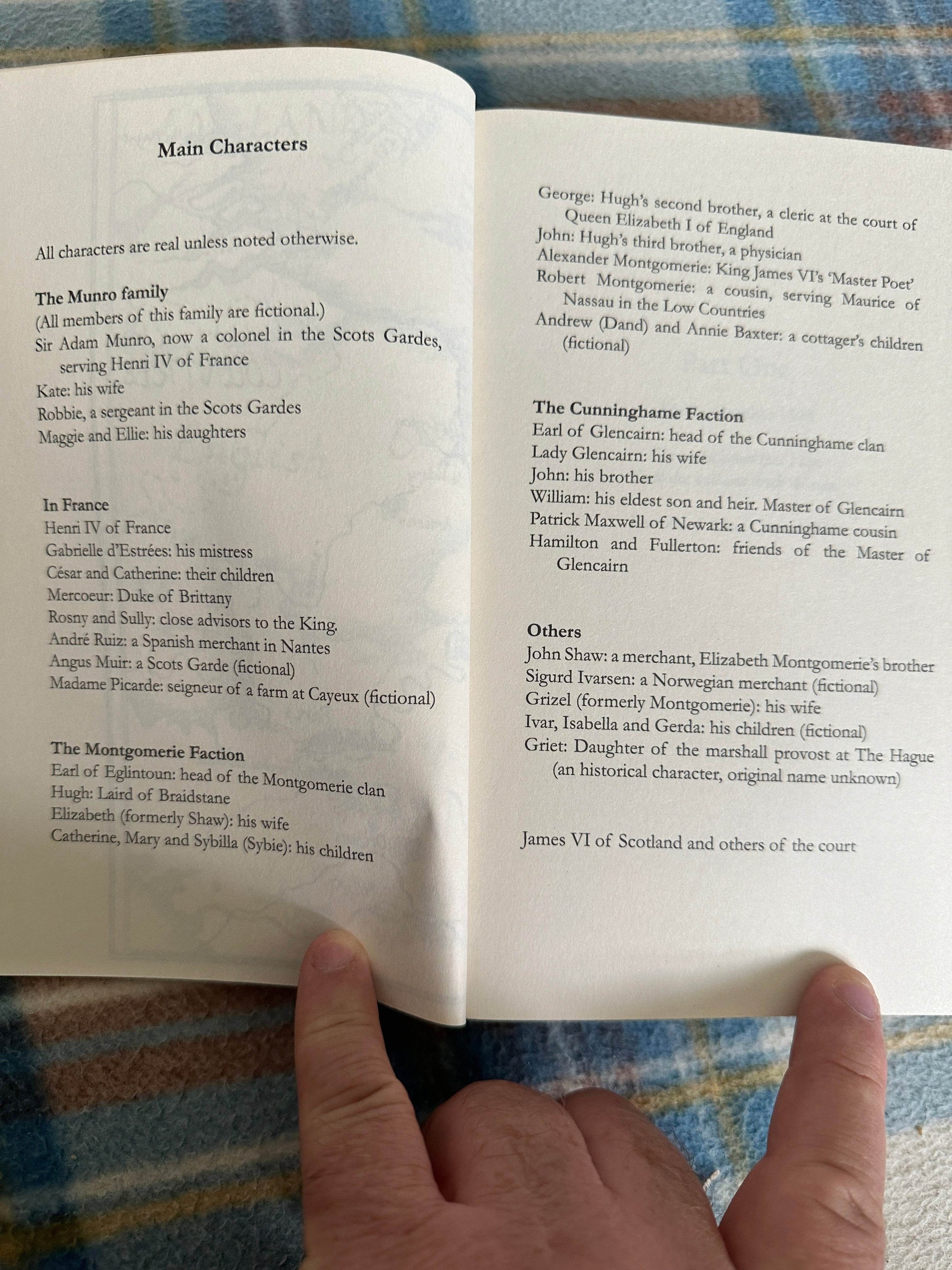 Signed By Sword and Storm Margaret Skea book page showing main characters and factions