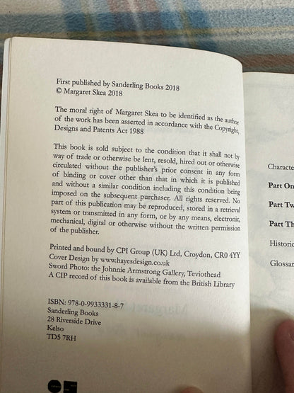 Signed By Sword and Storm Margaret Skea cover page of the fiction book with publication details