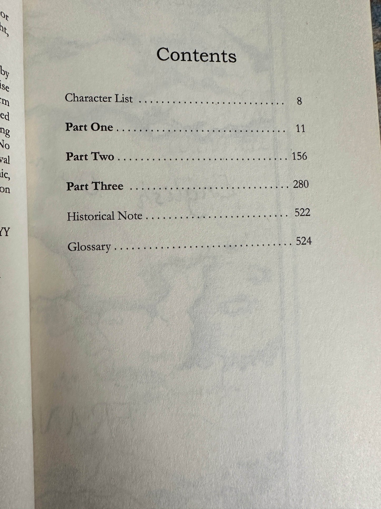 Contents page of signed By Sword and Storm Margaret Skea with chapter details and glossary