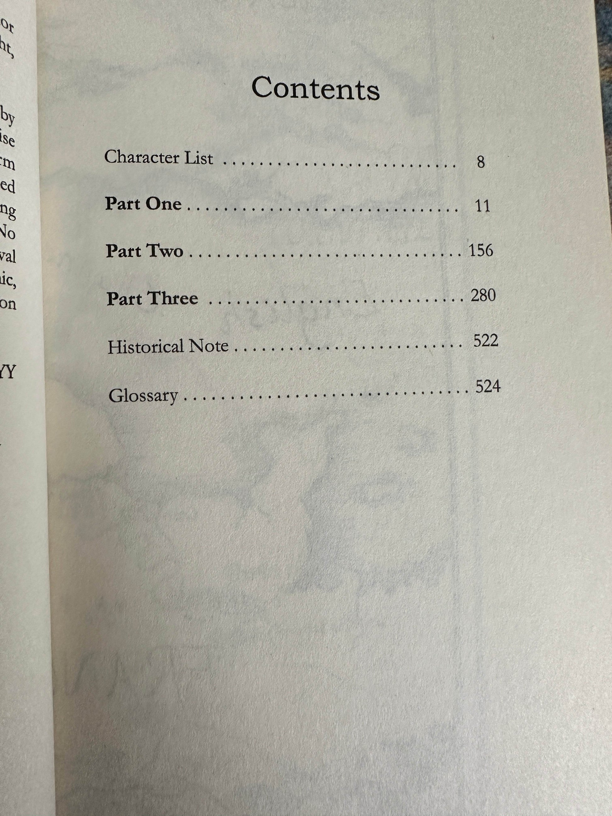 Contents page of signed By Sword and Storm Margaret Skea with chapter details and glossary