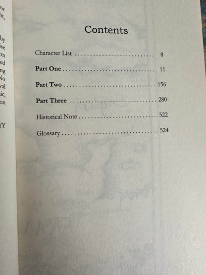 Contents page of signed By Sword and Storm Margaret Skea with chapter details and glossary