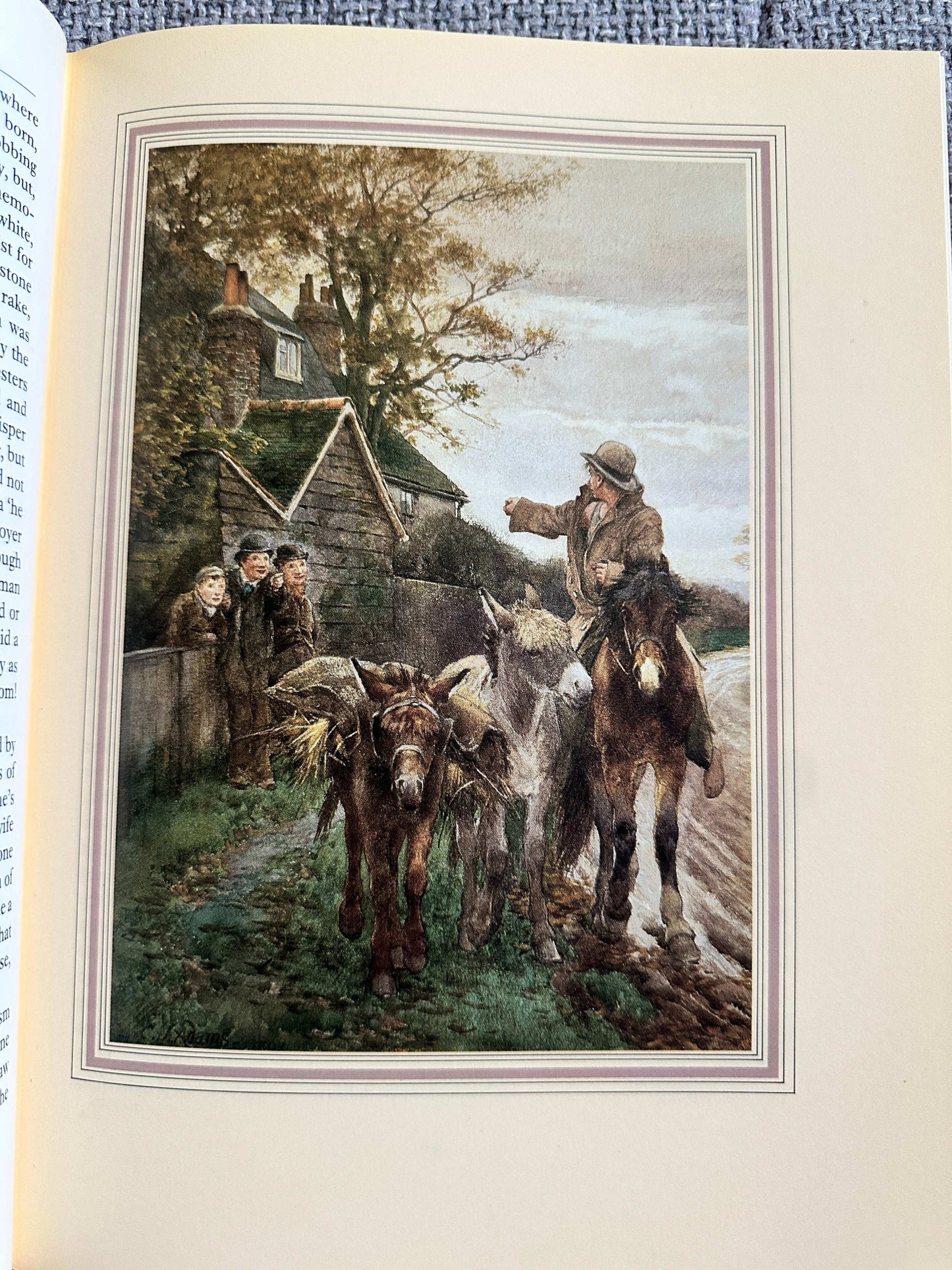 Illustration from Still Glides The Stream Flora Thompson showing a farmer with horses and children by a riverside