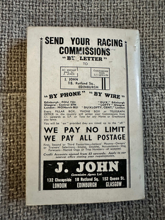 Sunday Chronicle football book 1957 back cover featuring vintage racing commissions advertisement