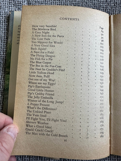 Contents page of The Adventures of Pip Enid Blyton vintage book featuring chapter titles and pagination