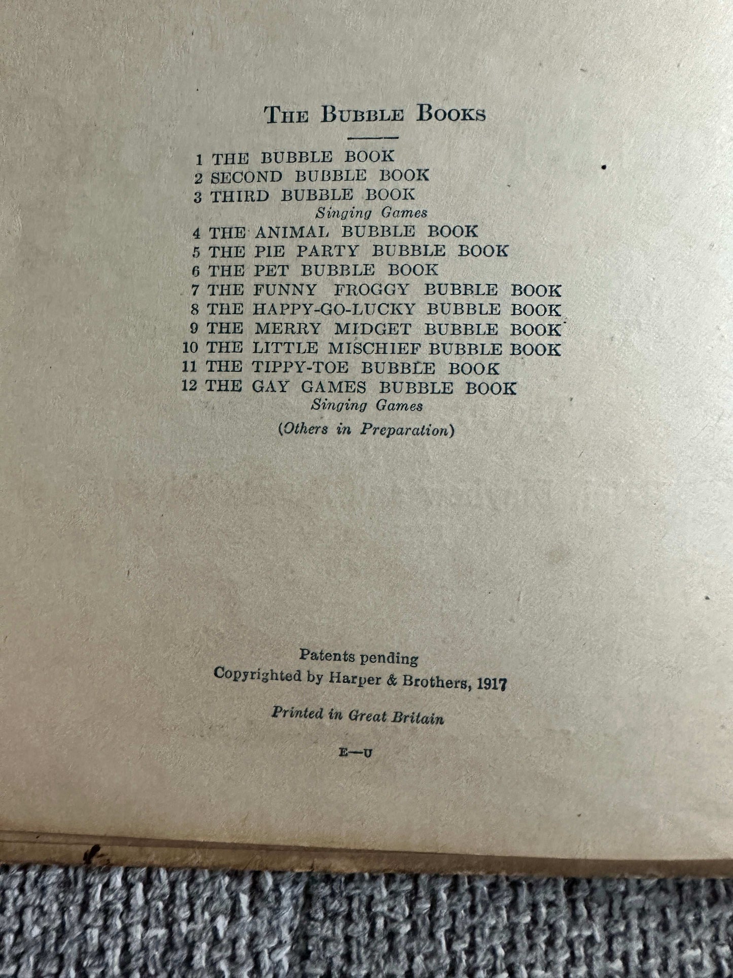 The Funny Froggy Bubble Book first edition list of titles from The Bubble Books collection