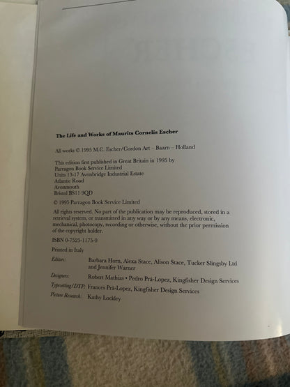 The Life and Works of Escher Parragon book interior page showcasing copyright and publication details