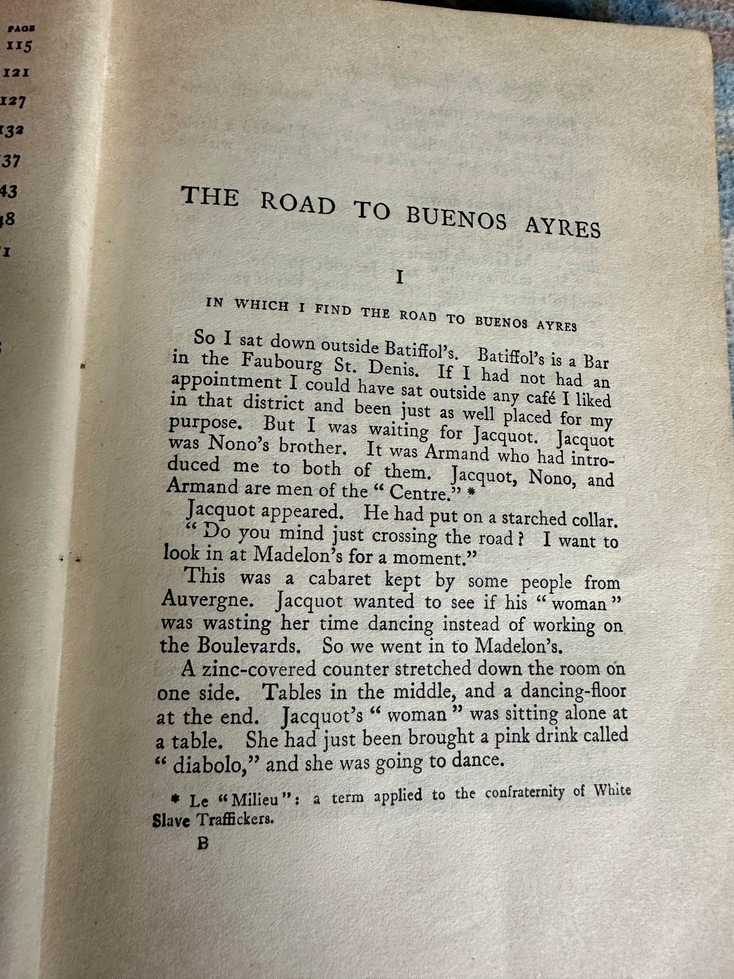 The Road to Buenos Ayres rare book open to first chapter with text and illustrations on aged paper
