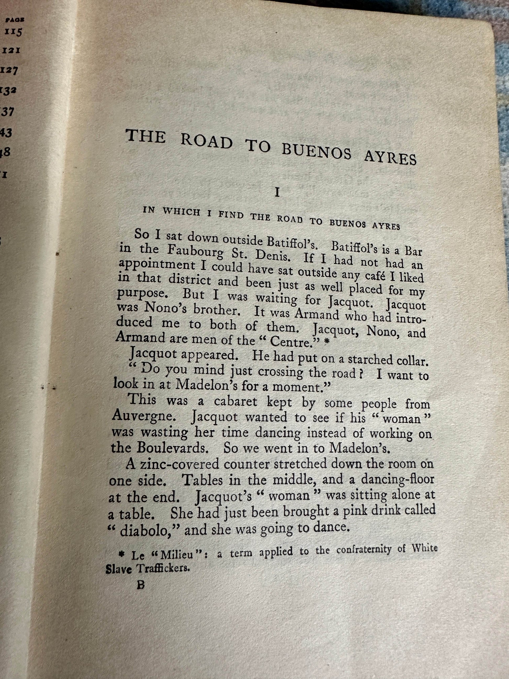 The Road to Buenos Ayres rare book open to first chapter with text and illustrations on aged paper