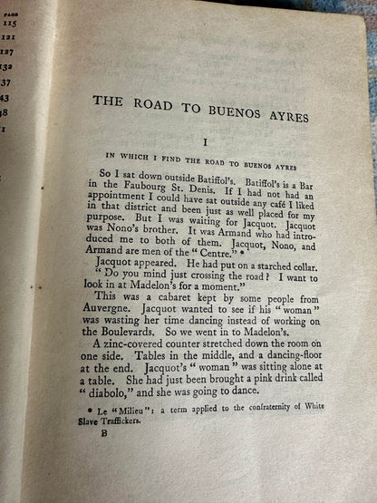 The Road to Buenos Ayres rare book open to first chapter with text and illustrations on aged paper