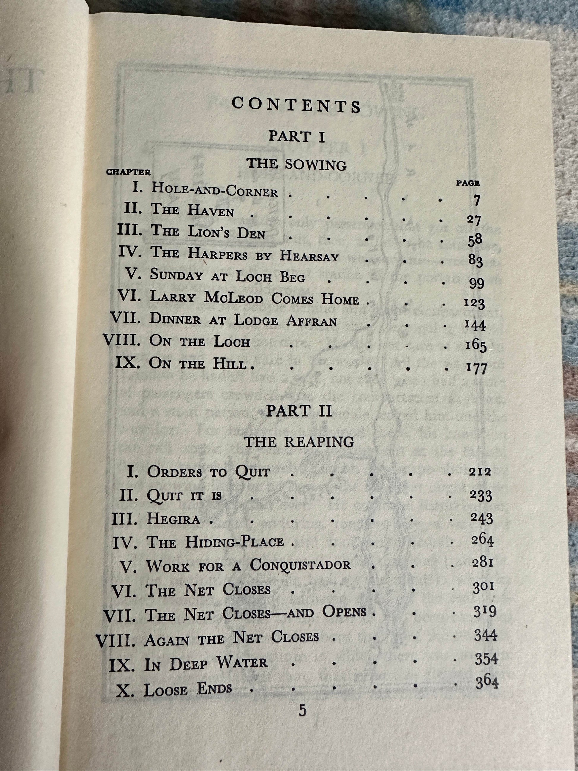 Contents page of The Spanish Lady Maurice Walsh first edition with chapter titles and page numbers