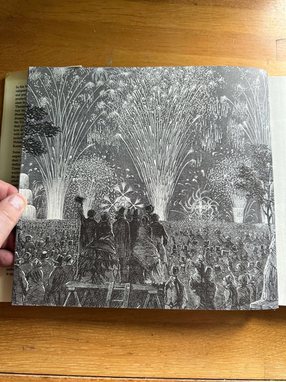 Victorian woodblock illustrators book showcasing a historical fireworks illustration