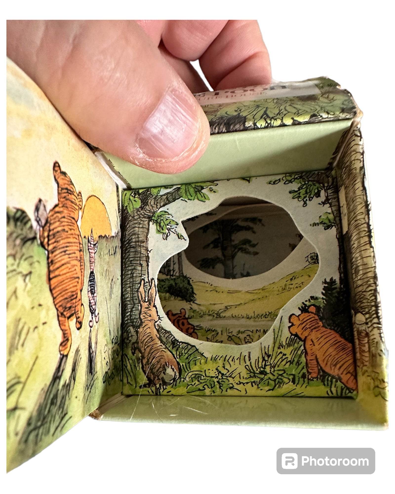 Inside view of the Winnie the Pooh Picture House book featuring illustrated characters in a scenic landscape