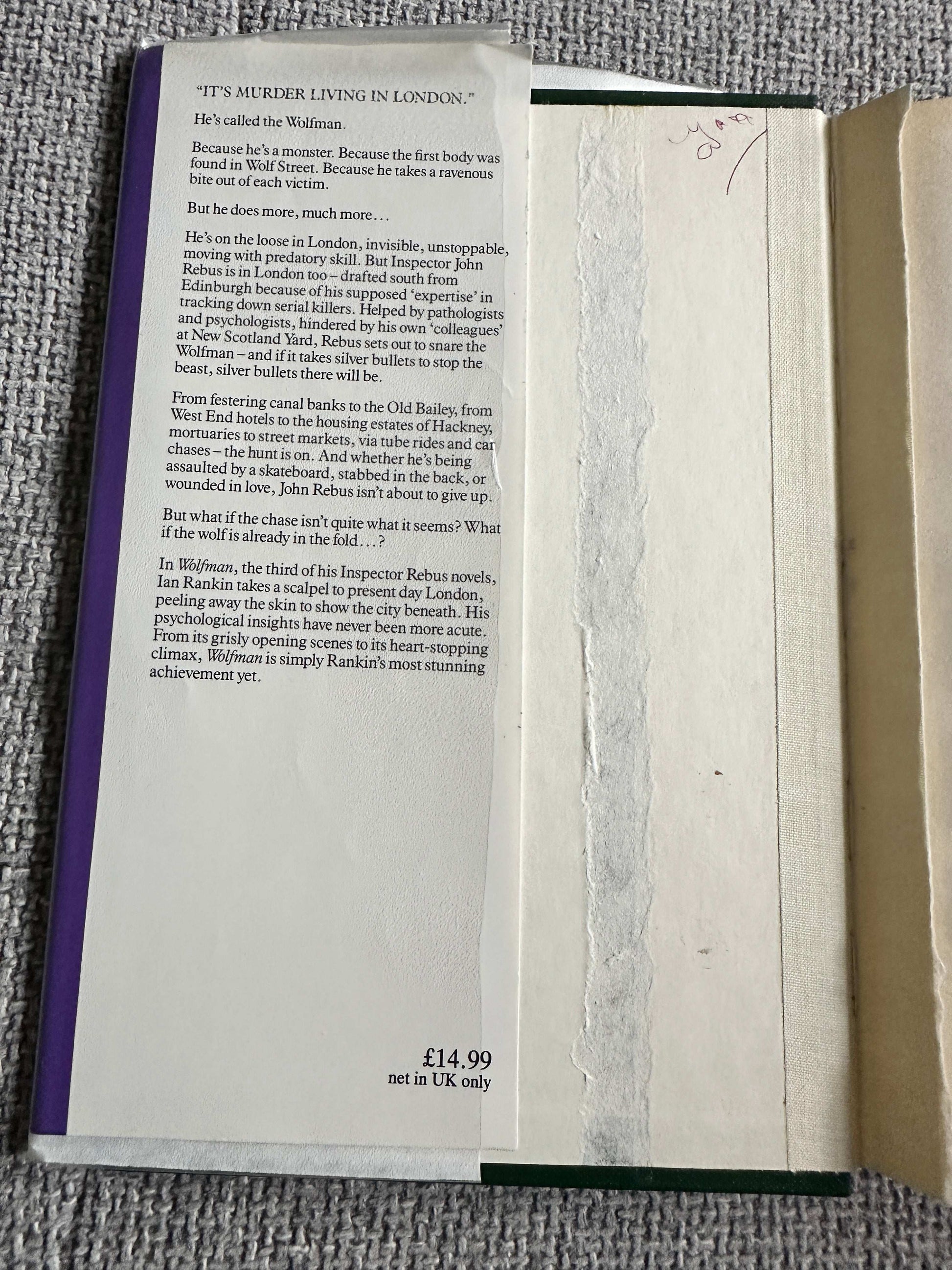 Inside cover of Wolfman 1992 Century hardcover book featuring a synopsis and price tag in GBP