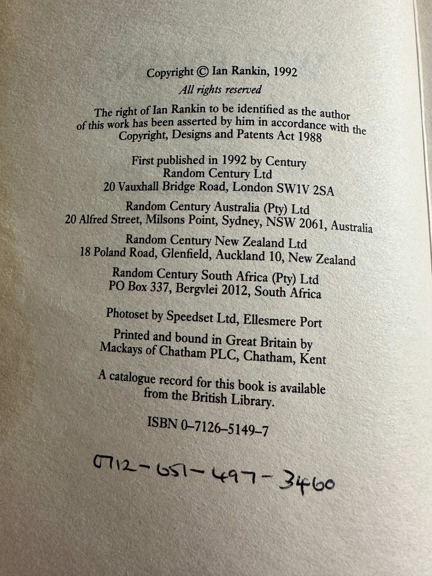 Copyright page from Wolfman 1992 Century hardcover by Ian Rankin with publication details