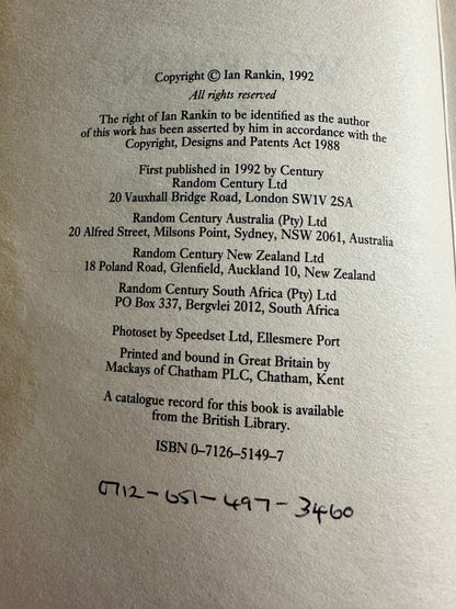 Copyright page from Wolfman 1992 Century hardcover by Ian Rankin with publication details