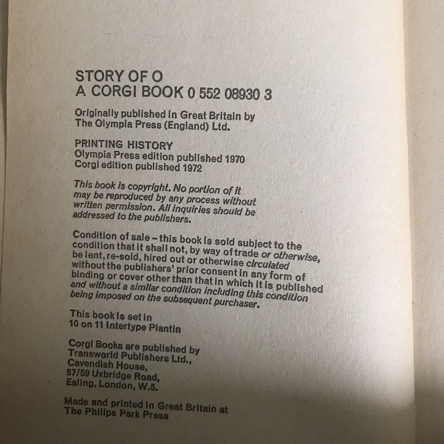 1972 The Story of O - Pauline Rēage(Corgi Publisher)