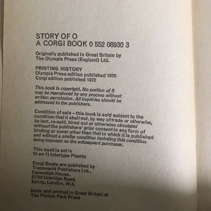 1972 The Story of O - Pauline Rēage(Corgi Publisher)
